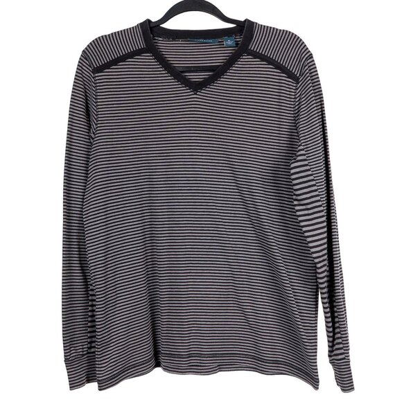 Perry Ellis Other - Perry Ellis Mens Shirt M VNeck Long Sleeve Striped Black Gray Cotton Contrast